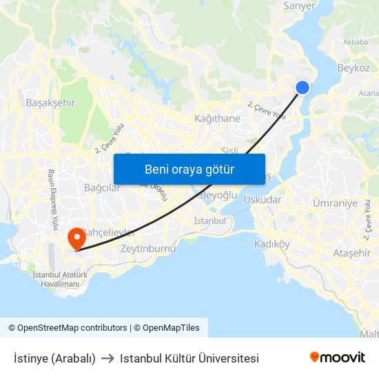 İstinye (Arabalı) to Istanbul Kültür Üniversitesi map