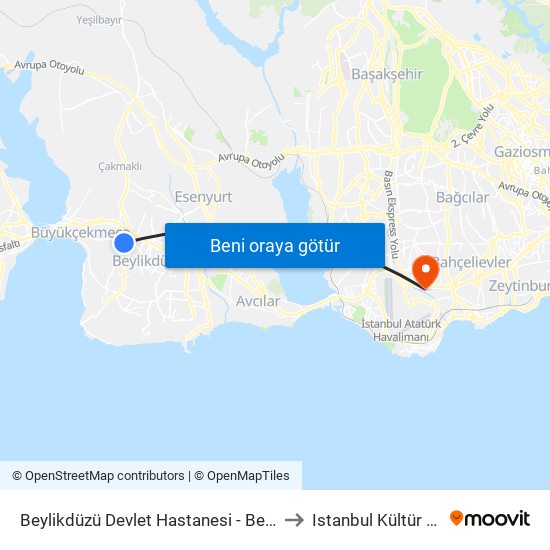 Beylikdüzü Devlet Hastanesi - Beykent-Gürpinar Yönü to Istanbul Kültür Üniversitesi map