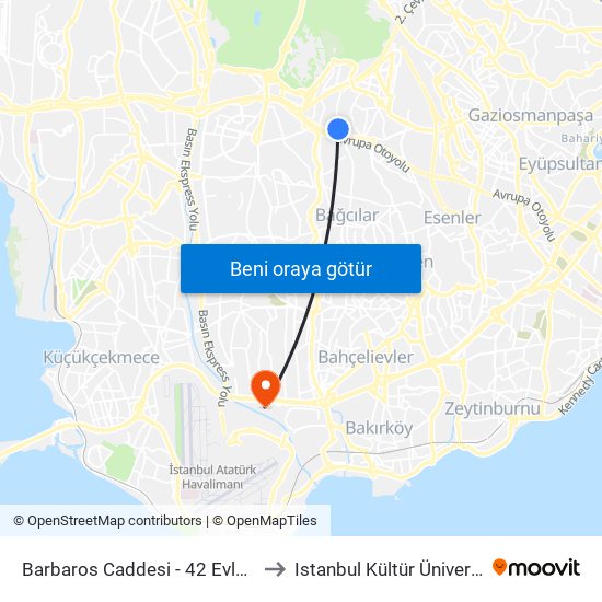 Barbaros Caddesi - 42 Evler Yönü to Istanbul Kültür Üniversitesi map