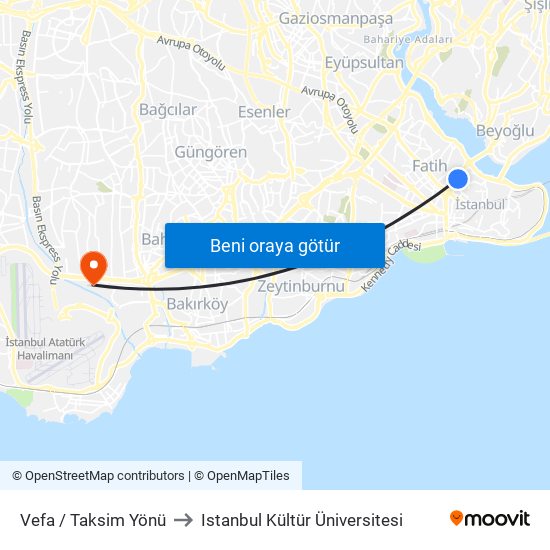 Vefa / Taksim Yönü to Istanbul Kültür Üniversitesi map