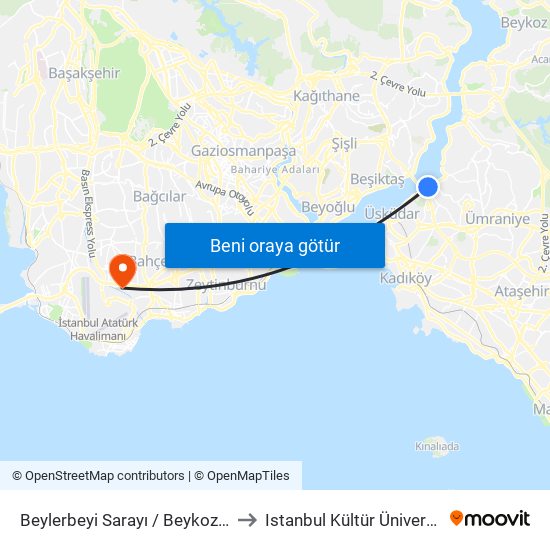 Beylerbeyi Sarayı / Beykoz Yönü to Istanbul Kültür Üniversitesi map