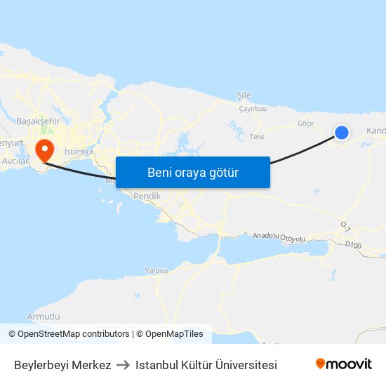 Beylerbeyi Merkez to Istanbul Kültür Üniversitesi map
