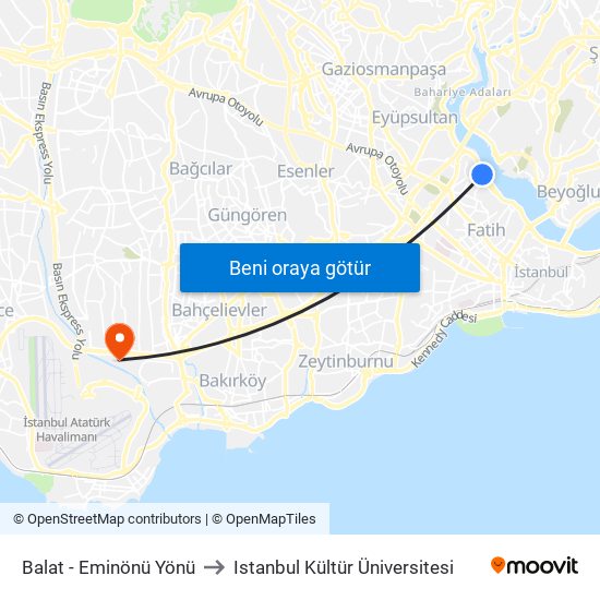 Balat - Eminönü Yönü to Istanbul Kültür Üniversitesi map