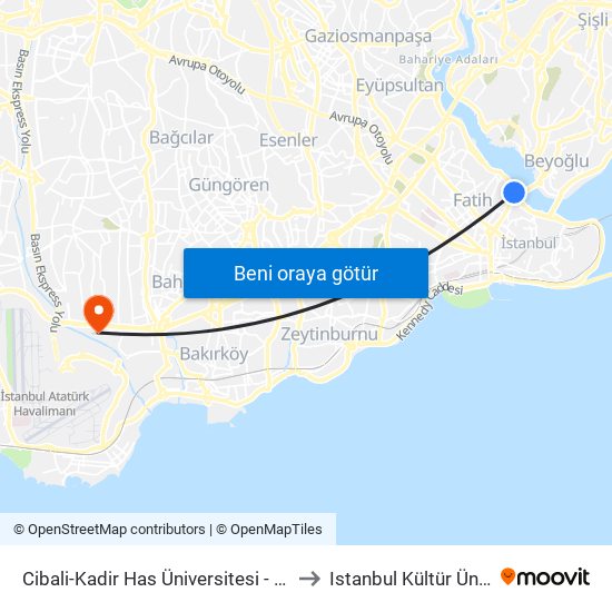 Cibali-Kadir Has Üniversitesi - Eminönü Yönü to Istanbul Kültür Üniversitesi map