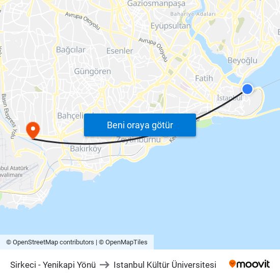 Sirkeci - Yenikapi Yönü to Istanbul Kültür Üniversitesi map