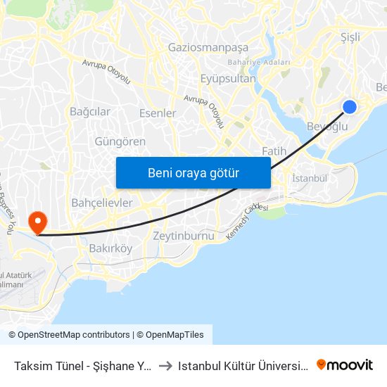 Taksim Tünel  - Şişhane Yönü to Istanbul Kültür Üniversitesi map