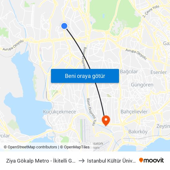 Ziya Gökalp Metro - İkitelli Garaji Yönü to Istanbul Kültür Üniversitesi map