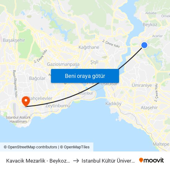 Kavacik Mezarlik - Beykoz Yönü to Istanbul Kültür Üniversitesi map