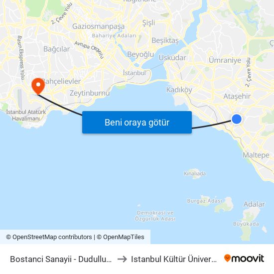 Bostanci Sanayii - Dudullu Yönü to Istanbul Kültür Üniversitesi map