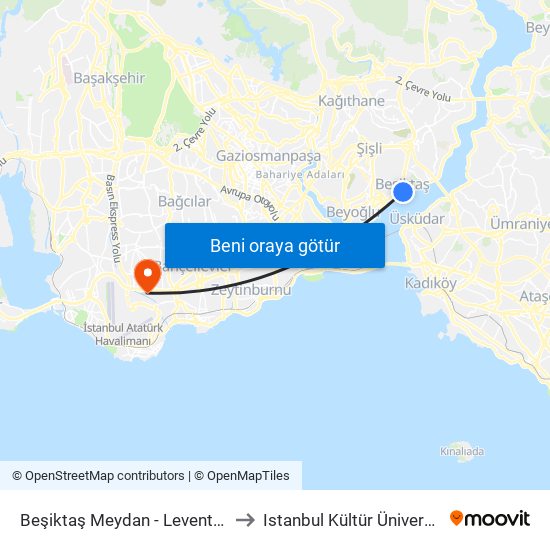 Beşiktaş Meydan - Levent Yönü to Istanbul Kültür Üniversitesi map