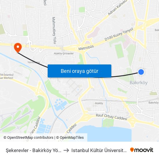 Şekerevler - Bakirköy Yönü to Istanbul Kültür Üniversitesi map