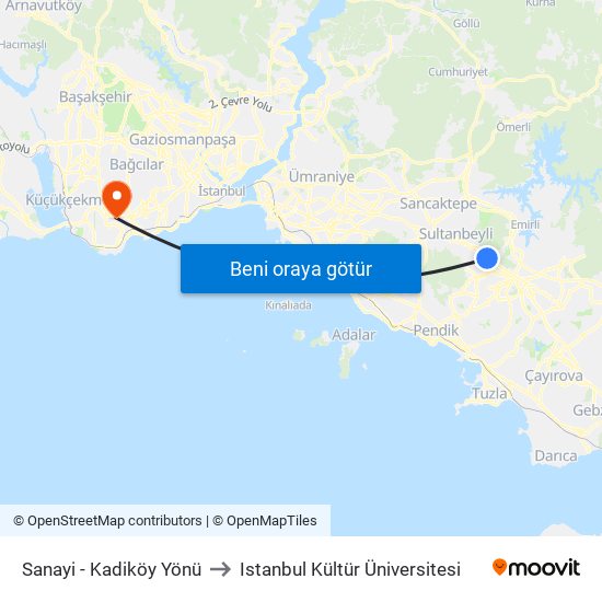 Sanayi - Kadiköy Yönü to Istanbul Kültür Üniversitesi map