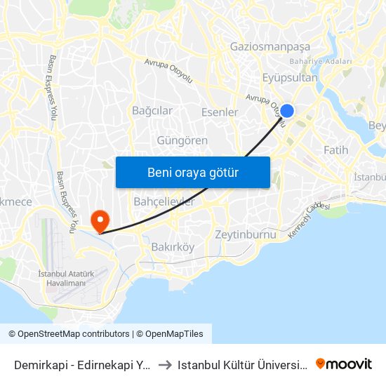 Demirkapi - Edirnekapi Yönü to Istanbul Kültür Üniversitesi map