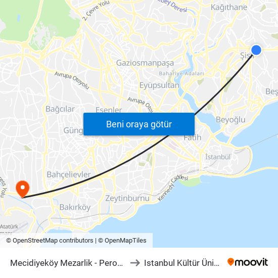 Mecidiyeköy Mezarlik - Peron 251 Yönü to Istanbul Kültür Üniversitesi map