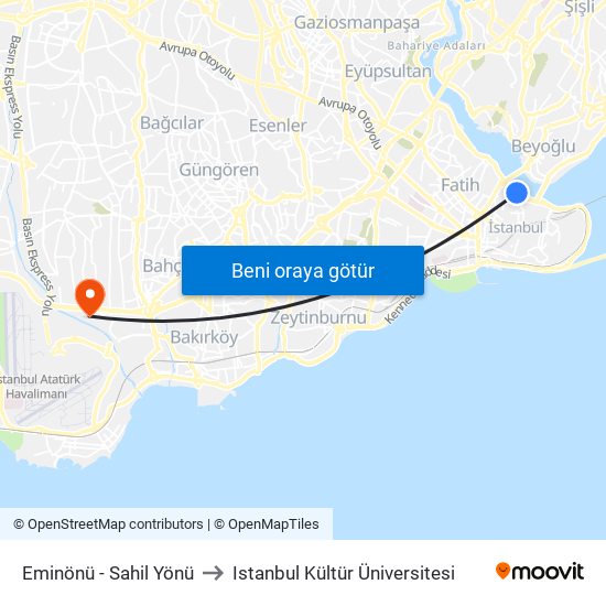 Eminönü - Sahil Yönü to Istanbul Kültür Üniversitesi map