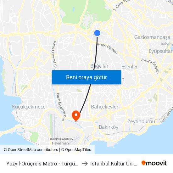 Yüzyil-Oruçreis Metro - Turgut Reis Yönü to Istanbul Kültür Üniversitesi map