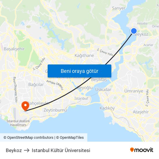 Beykoz to Istanbul Kültür Üniversitesi map