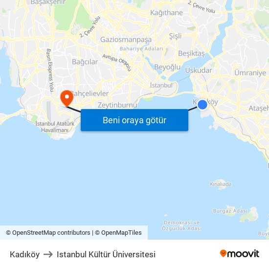 Kadıköy to Istanbul Kültür Üniversitesi map
