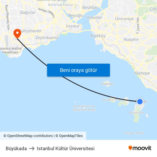 Büyükada to Istanbul Kültür Üniversitesi map