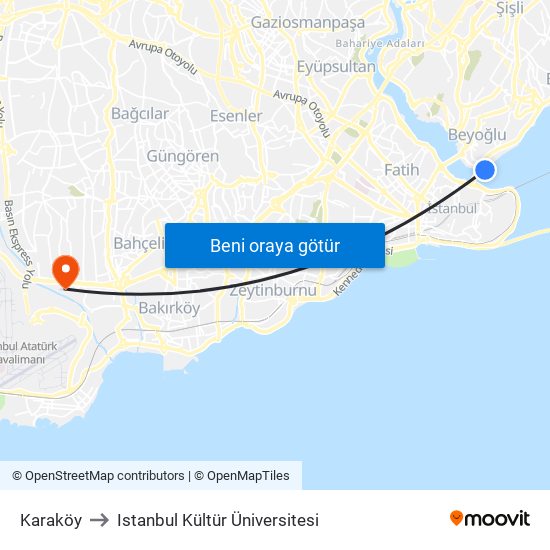 Karaköy to Istanbul Kültür Üniversitesi map