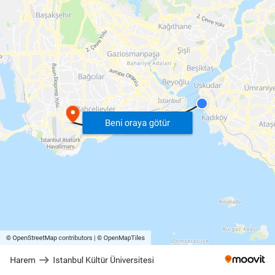 Harem to Istanbul Kültür Üniversitesi map