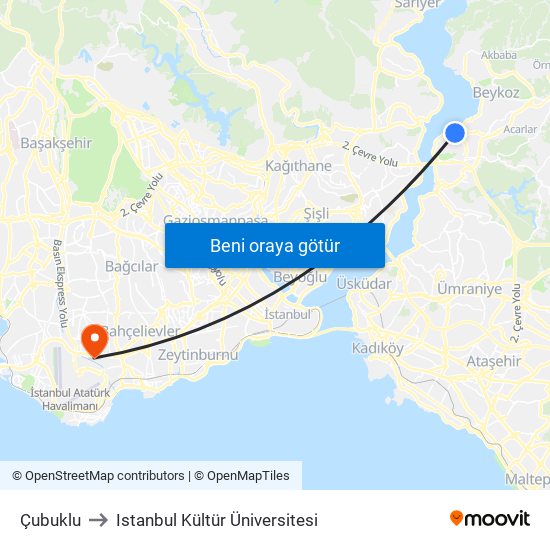 Çubuklu to Istanbul Kültür Üniversitesi map