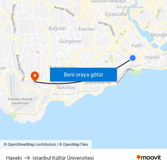 Haseki to Istanbul Kültür Üniversitesi map