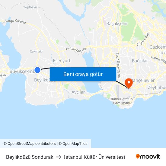 Beylikdüzü Sondurak to Istanbul Kültür Üniversitesi map