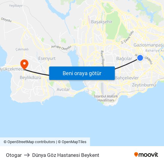 Otogar to Dünya Göz Hastanesi Beykent map