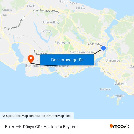 Etiler to Dünya Göz Hastanesi Beykent map