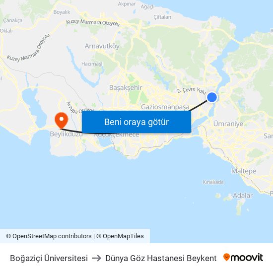 Boğaziçi Üniversitesi to Dünya Göz Hastanesi Beykent map