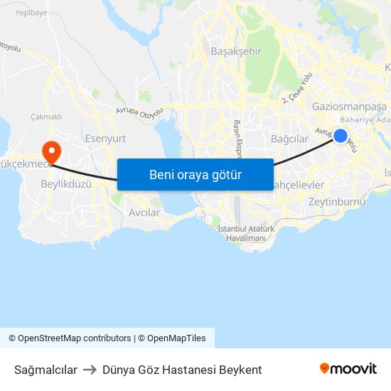 Sağmalcılar to Dünya Göz Hastanesi Beykent map