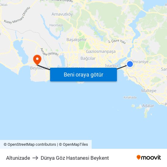 Altunizade to Dünya Göz Hastanesi Beykent map