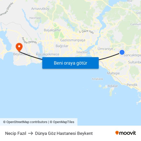 Necip Fazıl to Dünya Göz Hastanesi Beykent map