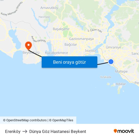 Erenköy to Dünya Göz Hastanesi Beykent map