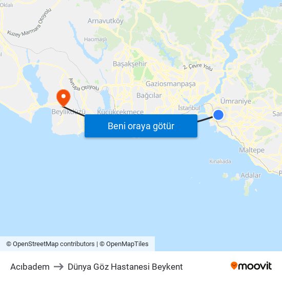 Acıbadem to Dünya Göz Hastanesi Beykent map