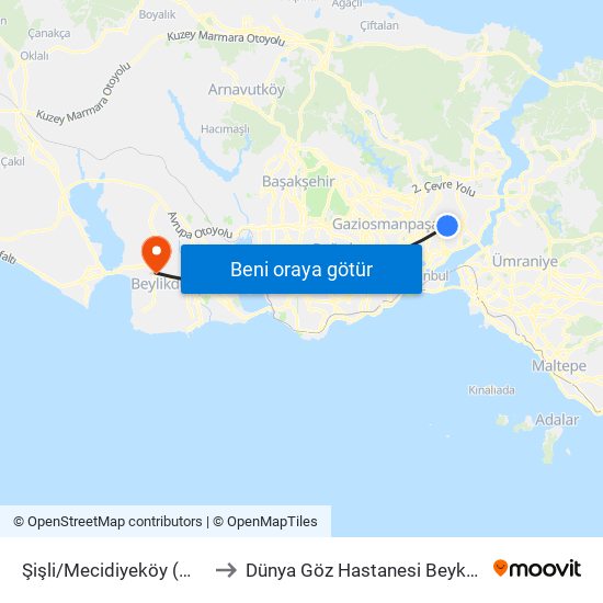 Şişli/Mecidiyeköy (M2) to Dünya Göz Hastanesi Beykent map