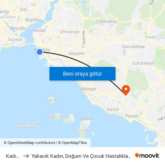 Kadıköy to Yakacık Kadın, Doğum Ve Çocuk Hastalıkları Hastanesi map