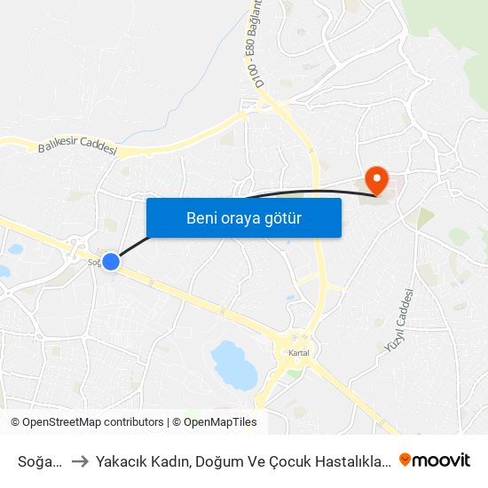 Soğanlık to Yakacık Kadın, Doğum Ve Çocuk Hastalıkları Hastanesi map