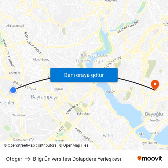 Otogar to Bilgi Üniversitesi Dolapdere Yerleşkesi map