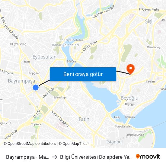 Bayrampaşa - Maltepe to Bilgi Üniversitesi Dolapdere Yerleşkesi map
