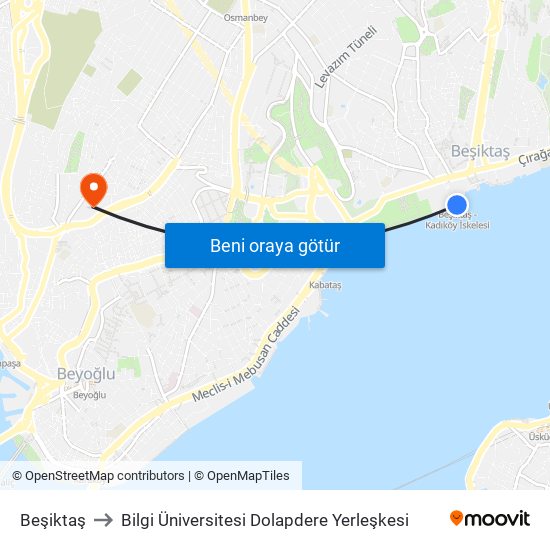 Beşiktaş to Bilgi Üniversitesi Dolapdere Yerleşkesi map