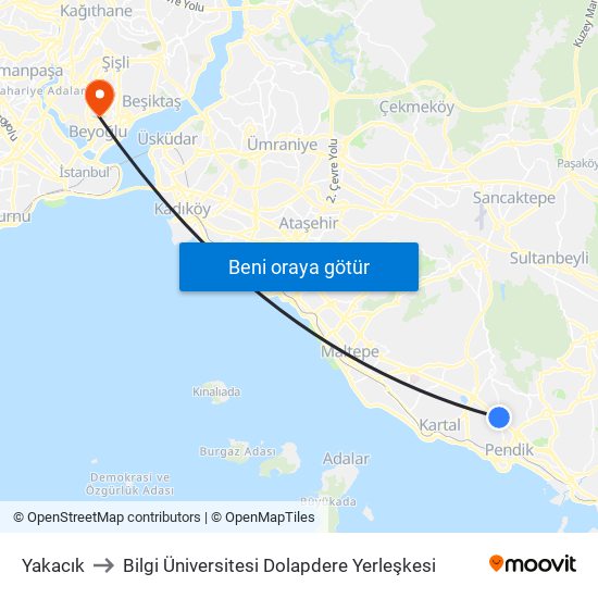 Yakacık to Bilgi Üniversitesi Dolapdere Yerleşkesi map