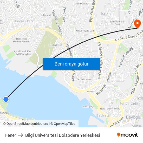 Fener to Bilgi Üniversitesi Dolapdere Yerleşkesi map