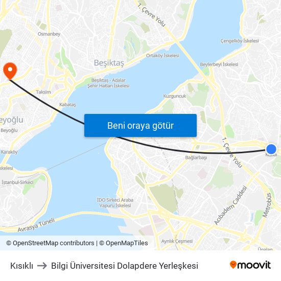 Kısıklı to Bilgi Üniversitesi Dolapdere Yerleşkesi map