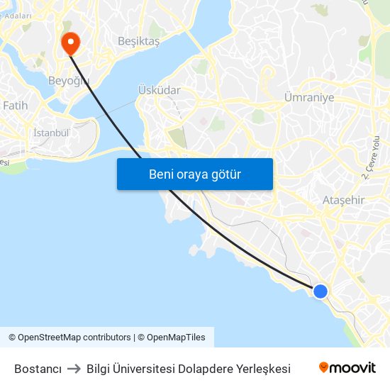 Bostancı to Bilgi Üniversitesi Dolapdere Yerleşkesi map