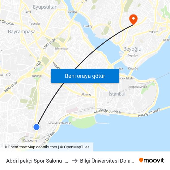 Abdi İpekçi Spor Salonu - Kazlıçeşme Yönü to Bilgi Üniversitesi Dolapdere Yerleşkesi map