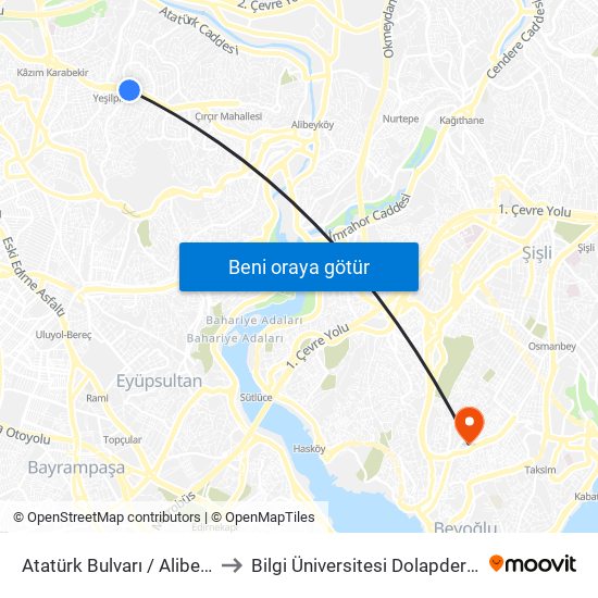 Atatürk Bulvarı / Alibeyköy Yönü to Bilgi Üniversitesi Dolapdere Yerleşkesi map