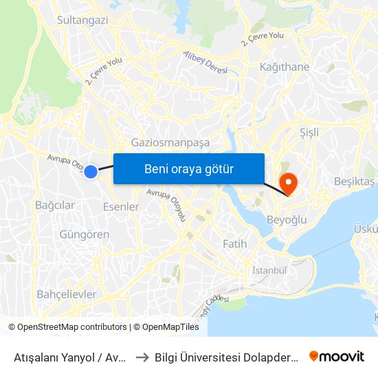 Atışalanı Yanyol / Avcılar Yönü to Bilgi Üniversitesi Dolapdere Yerleşkesi map