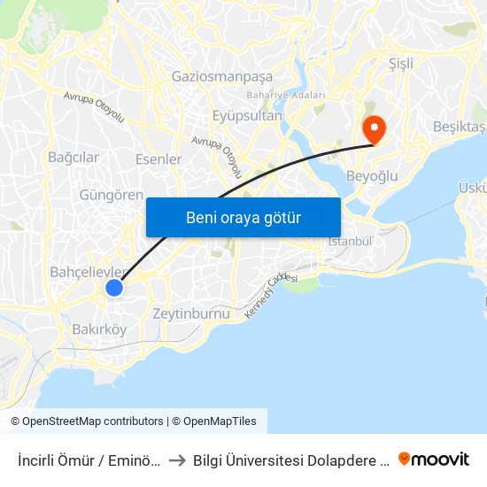 İncirli Ömür / Eminönü Yönü to Bilgi Üniversitesi Dolapdere Yerleşkesi map